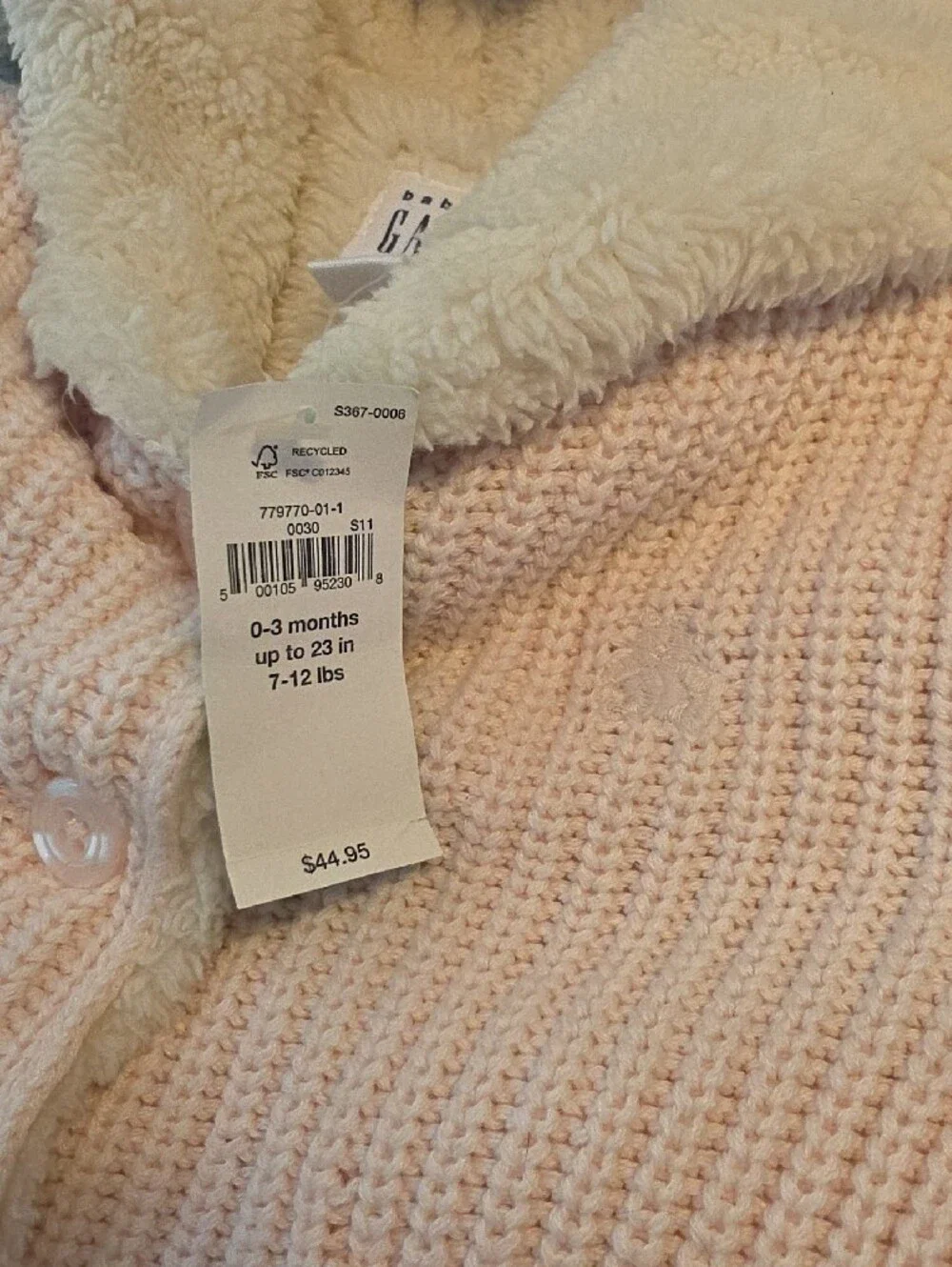 BABY GAP Pink Hooded Knit Baby Jacket 0-3 Months